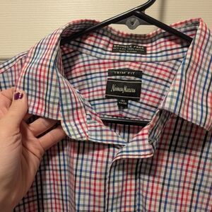 Neiman Marcus Men's Trim Fit Red and Blue Checkered Shirt 34 /35 Neck 15.5